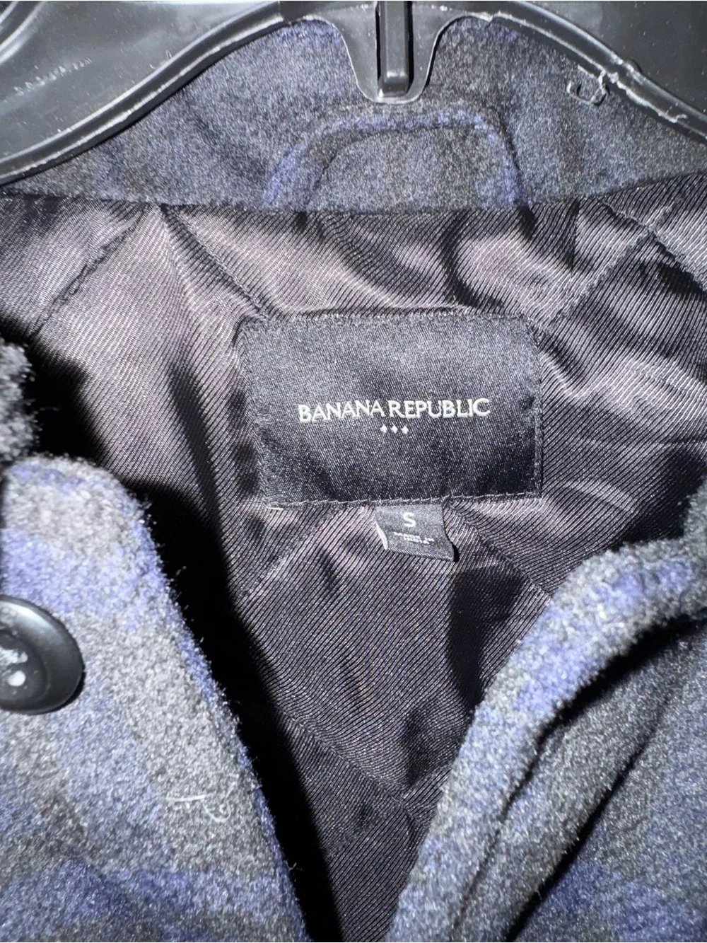 Banana Republic Men's Navy and Black Plaid Sherpa-Collar Field Jacket Size Small